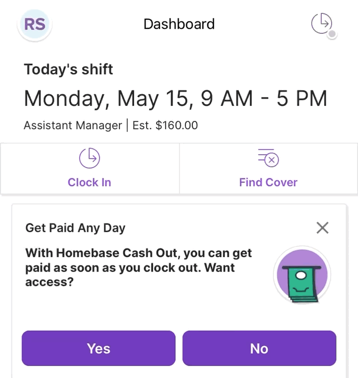 A screenshot of the Homebase employee mobile app.