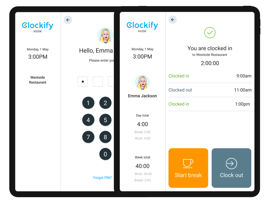 Overlapping screenshots of a clock in on Clockify's employee app.
