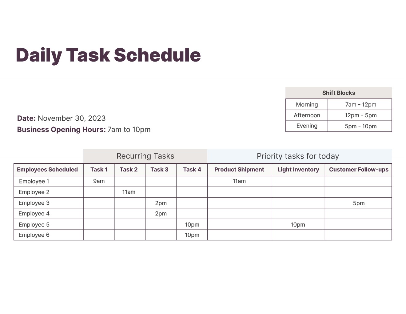 Daily task schedule