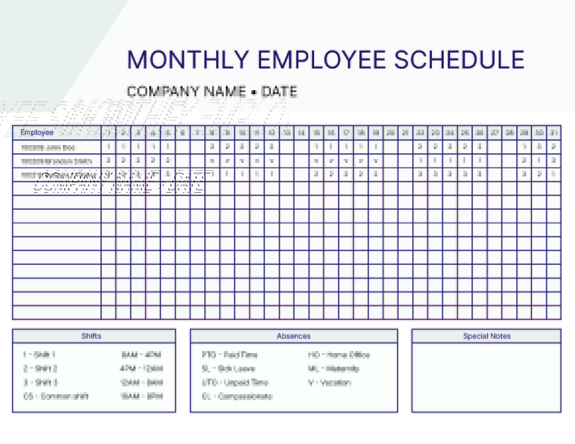 Monthly work schedule template
