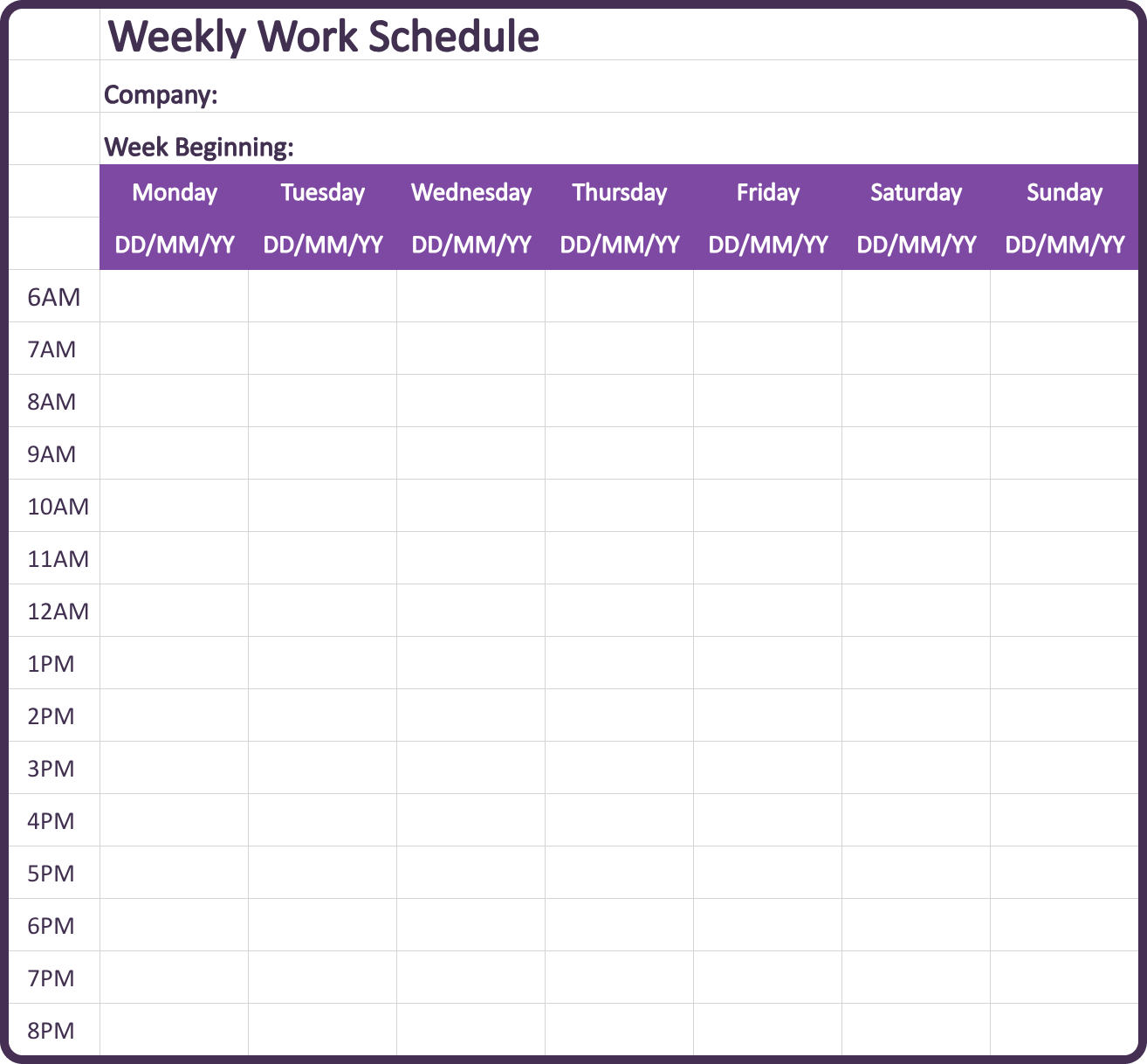 Excel schedule