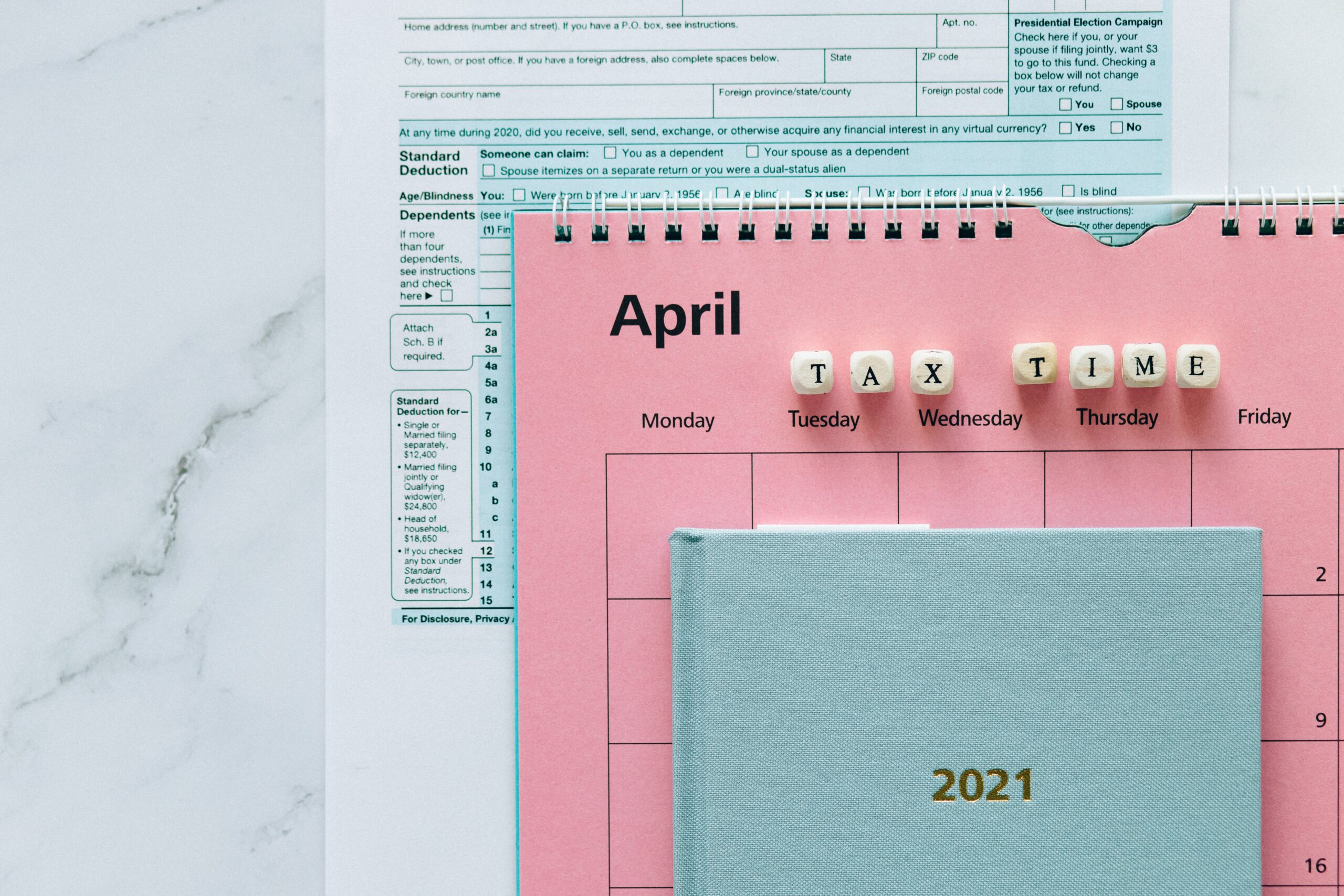 April calendar with tax time on it