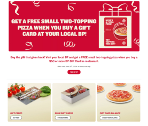 Gift card options at Boston Pizza