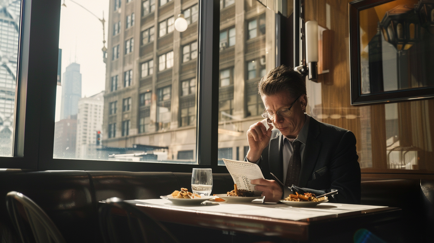 denver per diem - business traveller sitting in a cafe eating lunch