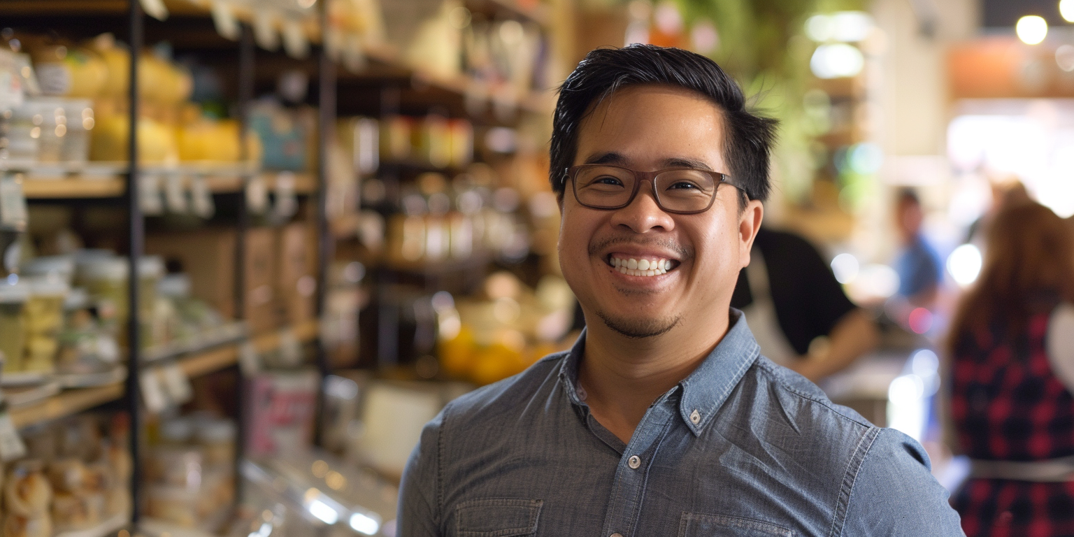 how-to-start-a-buffet-restaurant - grocery store owner in front of groceries